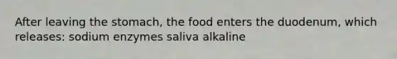 After leaving the stomach, the food enters the duodenum, which releases: sodium enzymes saliva alkaline