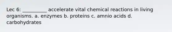 Lec 6: __________ accelerate vital chemical reactions in living organisms. a. enzymes b. proteins c. amnio acids d. carbohydrates