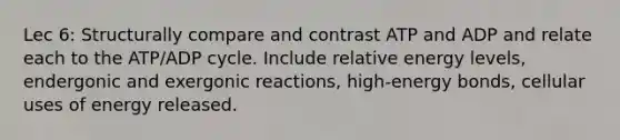 Lec 6: Structurally compare and contrast ATP and ADP and relate each to the ATP/ADP cycle. Include relative energy levels, endergonic and exergonic reactions, high-energy bonds, cellular uses of energy released.