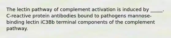 The lectin pathway of complement activation is induced by _____. C-reactive protein antibodies bound to pathogens mannose-binding lectin iC3Bb terminal components of the complement pathway.