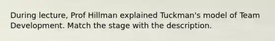 During lecture, Prof Hillman explained Tuckman's model of Team Development. Match the stage with the description.