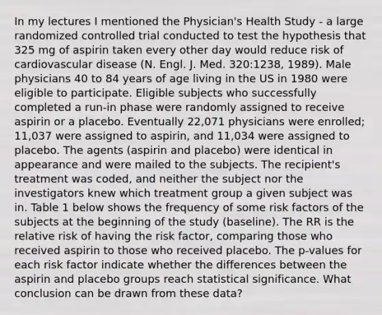 In my lectures I mentioned the Physician's Health Study - a large randomized controlled trial conducted to test the hypothesis that 325 mg of aspirin taken every other day would reduce risk of cardiovascular disease (N. Engl. J. Med. 320:1238, 1989). Male physicians 40 to 84 years of age living in the US in 1980 were eligible to participate. Eligible subjects who successfully completed a run-in phase were randomly assigned to receive aspirin or a placebo. Eventually 22,071 physicians were enrolled; 11,037 were assigned to aspirin, and 11,034 were assigned to placebo. The agents (aspirin and placebo) were identical in appearance and were mailed to the subjects. The recipient's treatment was coded, and neither the subject nor the investigators knew which treatment group a given subject was in. Table 1 below shows the frequency of some risk factors of the subjects at the beginning of the study (baseline). The RR is the relative risk of having the risk factor, comparing those who received aspirin to those who received placebo. The p-values for each risk factor indicate whether the differences between the aspirin and placebo groups reach statistical significance. What conclusion can be drawn from these data?