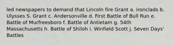 led newspapers to demand that Lincoln fire Grant a. ironclads b. Ulysses S. Grant c. Andersonville d. First Battle of Bull Run e. Battle of Murfreesboro f. Battle of Antietam g. 54th Massachusetts h. Battle of Shiloh i. Winfield Scott j. Seven Days' Battles