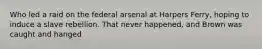 Who led a raid on the federal arsenal at Harpers Ferry, hoping to induce a slave rebellion. That never happened, and Brown was caught and hanged