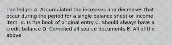 The ledger A. Accumulated the increases and decreases that occur during the period for a single balance sheet or income item. B. Is the book of original entry C. Should always have a credit balance D. Complied all source documents E. All of the above