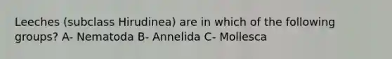 Leeches (subclass Hirudinea) are in which of the following groups? A- Nematoda B- Annelida C- Mollesca