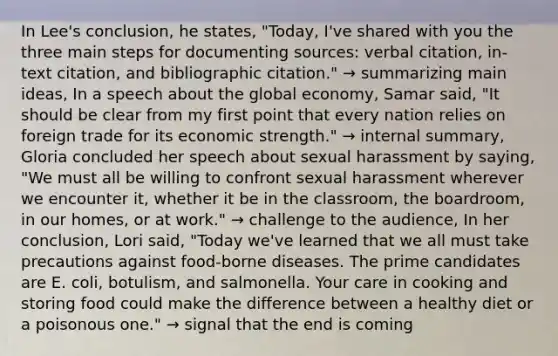 In Lee's conclusion, he states, "Today, I've shared with you the three main steps for documenting sources: verbal citation, in-text citation, and bibliographic citation." → summarizing main ideas, In a speech about the global economy, Samar said, "It should be clear from my first point that every nation relies on foreign trade for its economic strength." → internal summary, Gloria concluded her speech about sexual harassment by saying, "We must all be willing to confront sexual harassment wherever we encounter it, whether it be in the classroom, the boardroom, in our homes, or at work." → challenge to the audience, In her conclusion, Lori said, "Today we've learned that we all must take precautions against food-borne diseases. The prime candidates are E. coli, botulism, and salmonella. Your care in cooking and storing food could make the difference between a healthy diet or a poisonous one." → signal that the end is coming