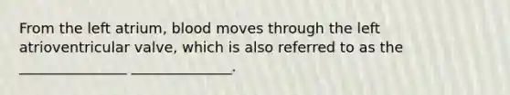From the left atrium, blood moves through the left atrioventricular valve, which is also referred to as the _______________ ______________.