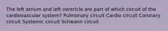 The left atrium and left ventricle are part of which circuit of the cardiovascular system? Pulmonary circuit Cardio circuit Coronary circuit Systemic circuit Schwann circuit