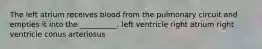 The left atrium receives blood from the pulmonary circuit and empties it into the __________. left ventricle right atrium right ventricle conus arteriosus