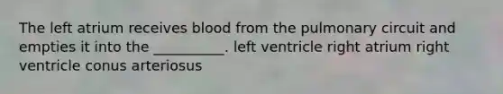 The left atrium receives blood from the pulmonary circuit and empties it into the __________. left ventricle right atrium right ventricle conus arteriosus