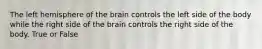 The left hemisphere of the brain controls the left side of the body while the right side of the brain controls the right side of the body. True or False