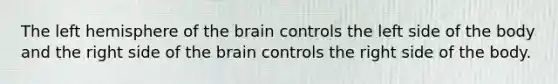 The left hemisphere of the brain controls the left side of the body and the right side of the brain controls the right side of the body.