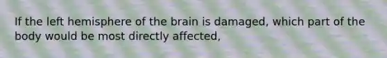 If the left hemisphere of the brain is damaged, which part of the body would be most directly affected,