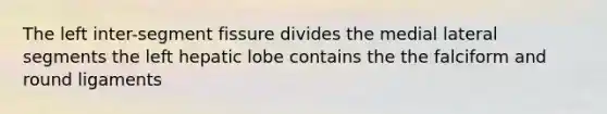 The left inter-segment fissure divides the medial lateral segments the left hepatic lobe contains the the falciform and round ligaments