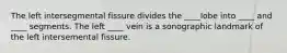 The left intersegmental fissure divides the ____lobe into ____ and ____ segments. The left ____ vein is a sonographic landmark of the left intersemental fissure.