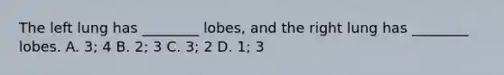 The left lung has ________ lobes, and the right lung has ________ lobes. A. 3; 4 B. 2; 3 C. 3; 2 D. 1; 3