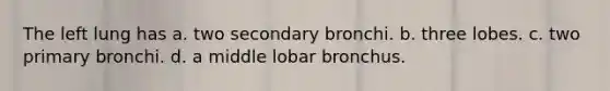 The left lung has a. two secondary bronchi. b. three lobes. c. two primary bronchi. d. a middle lobar bronchus.