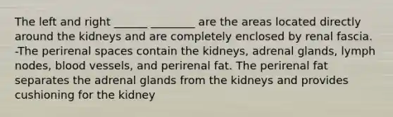 The left and right ______ ________ are the areas located directly around the kidneys and are completely enclosed by renal fascia. -The perirenal spaces contain the kidneys, adrenal glands, lymph nodes, blood vessels, and perirenal fat. The perirenal fat separates the adrenal glands from the kidneys and provides cushioning for the kidney