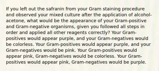 If you left out the safranin from your Gram staining procedure and observed your mixed culture after the application of alcohol-acetone, what would be the appearance of your Gram-positive and Gram-negative organisms, given you followed all steps in order and applied all other reagents correctly? Your Gram-positives would appear purple, and your Gram-negatives would be colorless. Your Gram-positives would appear purple, and your Gram-negatives would be pink. Your Gram-positives would appear pink, Gram-negatives would be colorless. Your Gram-positives would appear pink, Gram-negatives would be purple.