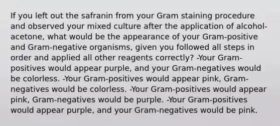 If you left out the safranin from your Gram staining procedure and observed your mixed culture after the application of alcohol-acetone, what would be the appearance of your Gram-positive and Gram-negative organisms, given you followed all steps in order and applied all other reagents correctly? -Your Gram-positives would appear purple, and your Gram-negatives would be colorless. -Your Gram-positives would appear pink, Gram-negatives would be colorless. -Your Gram-positives would appear pink, Gram-negatives would be purple. -Your Gram-positives would appear purple, and your Gram-negatives would be pink.