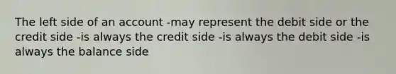 The left side of an account -may represent the debit side or the credit side -is always the credit side -is always the debit side -is always the balance side