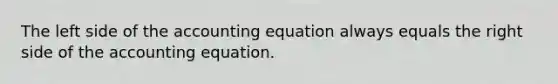 The left side of <a href='https://www.questionai.com/knowledge/k7UJ6J5ODQ-the-accounting-equation' class='anchor-knowledge'>the accounting equation</a> always equals the right side of the accounting equation.