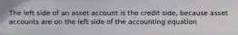 The left side of an asset account is the credit side, because asset accounts are on the left side of the accounting equation