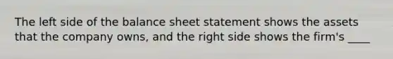 The left side of the balance sheet statement shows the assets that the company owns, and the right side shows the firm's ____