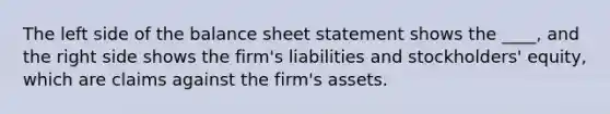 The left side of the balance sheet statement shows the ____, and the right side shows the firm's liabilities and stockholders' equity, which are claims against the firm's assets.