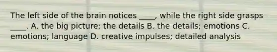 The left side of the brain notices ____, while the right side grasps ____. A. the big picture; the details B. the details; emotions C. emotions; language D. creative impulses; detailed analysis