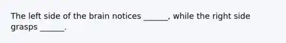 The left side of the brain notices ______, while the right side grasps ______.