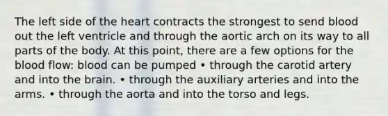 The left side of the heart contracts the strongest to send blood out the left ventricle and through the aortic arch on its way to all parts of the body. At this point, there are a few options for the blood flow: blood can be pumped • through the carotid artery and into the brain. • through the auxiliary arteries and into the arms. • through the aorta and into the torso and legs.