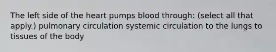 The left side of the heart pumps blood through: (select all that apply.) pulmonary circulation systemic circulation to the lungs to tissues of the body