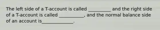 The left side of a T-account is called __________ and the right side of a T-account is called ___________, and the normal balance side of an account is______________.