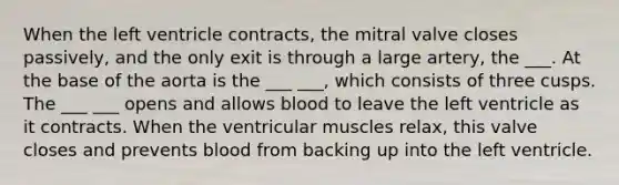 When the left ventricle contracts, the mitral valve closes passively, and the only exit is through a large artery, the ___. At the base of the aorta is the ___ ___, which consists of three cusps. The ___ ___ opens and allows blood to leave the left ventricle as it contracts. When the ventricular muscles relax, this valve closes and prevents blood from backing up into the left ventricle.