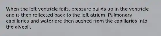 When the left ventricle fails, pressure builds up in the ventricle and is then reflected back to the left atrium. Pulmonary capillaries and water are then pushed from the capillaries into the alveoli.