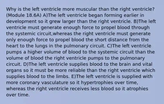 Why is the left ventricle more muscular than the right ventricle? (Module 18.6A) A)The left ventricle began forming earlier in development so it grew larger than the right ventricle. B)The left ventricle must generate enough force to propel blood through the systemic circuit,whereas the right ventricle must generate only enough force to propel blood the short distance from the heart to the lungs in the pulmonary circuit. C)The left ventricle pumps a higher volume of blood to the systemic circuit than the volume of blood the right ventricle pumps to the pulmonary circuit. D)The left ventricle supplies blood to the brain and vital organs so it must be more reliable than the right ventricle which supplies blood to the limbs. E)The left ventricle is supplied with more coronary vasculature so it hypertrophies over time, whereas the right ventricle receives less blood so it atrophies over time.