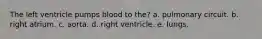 The left ventricle pumps blood to the? a. pulmonary circuit. b. right atrium. c. aorta. d. right ventricle. e. lungs.