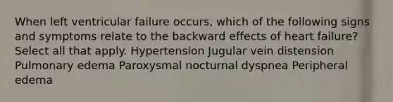 When left ventricular failure occurs, which of the following signs and symptoms relate to the backward effects of heart failure? Select all that apply. Hypertension Jugular vein distension Pulmonary edema Paroxysmal nocturnal dyspnea Peripheral edema