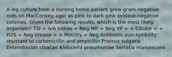 A leg culture from a nursing home patient grew gram-negative rods on MacConkey agar as pink to dark pink oxidase-negative colonies. Given the following results, which is the most likely organism? TSI = A/A Indole = Neg MR = Neg VP = + Citrate = + H2S = Neg Urease = + Motility = Neg Antibiotic susceptibility: resistant to carbenicillin and ampicillin Proteus vulgaris Enterobacter cloacae Klebsiella pneumoniae Serratia marcescens