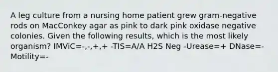 A leg culture from a nursing home patient grew gram-negative rods on MacConkey agar as pink to dark pink oxidase negative colonies. Given the following results, which is the most likely organism? IMViC=-,-,+,+ -TIS=A/A H2S Neg -Urease=+ DNase=- Motility=-