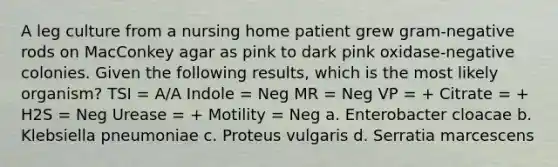 A leg culture from a nursing home patient grew gram-negative rods on MacConkey agar as pink to dark pink oxidase-negative colonies. Given the following results, which is the most likely organism? TSI = A/A Indole = Neg MR = Neg VP = + Citrate = + H2S = Neg Urease = + Motility = Neg a. Enterobacter cloacae b. Klebsiella pneumoniae c. Proteus vulgaris d. Serratia marcescens