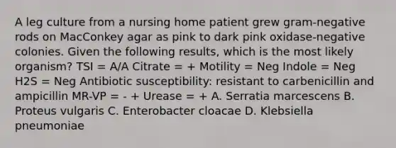 A leg culture from a nursing home patient grew gram-negative rods on MacConkey agar as pink to dark pink oxidase-negative colonies. Given the following results, which is the most likely organism? TSI = A/A Citrate = + Motility = Neg Indole = Neg H2S = Neg Antibiotic susceptibility: resistant to carbenicillin and ampicillin MR-VP = - + Urease = + A. Serratia marcescens B. Proteus vulgaris C. Enterobacter cloacae D. Klebsiella pneumoniae