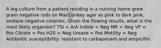 A leg culture from a patient residing in a nursing home grew gram negative rods on MacConkey agar as pink to dark pink, oxidase negative colonies. Given the flowing results, what is the most likely organism? TSI = A/A Indole = Neg MR = Neg VP = Pos Citrate = Pos H2S = Neg Urease = Pos Motility = Neg Antibiotic susceptibility: resistant to carbapenam and ampicillin