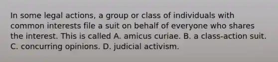 In some legal actions, a group or class of individuals with common interests file a suit on behalf of everyone who shares the interest. This is called A. amicus curiae. B. a class-action suit. C. concurring opinions. D. judicial activism.