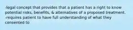 -legal concept that provides that a patient has a right to know potential risks, benefits, & alternatives of a proposed treatment. -requires patient to have full understanding of what they consented to