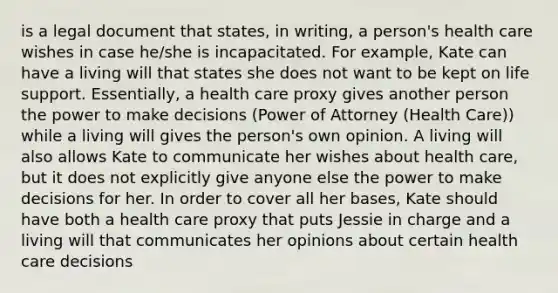 is a legal document that states, in writing, a person's health care wishes in case he/she is incapacitated. For example, Kate can have a living will that states she does not want to be kept on life support. Essentially, a health care proxy gives another person the power to make decisions (Power of Attorney (Health Care)) while a living will gives the person's own opinion. A living will also allows Kate to communicate her wishes about health care, but it does not explicitly give anyone else the power to make decisions for her. In order to cover all her bases, Kate should have both a health care proxy that puts Jessie in charge and a living will that communicates her opinions about certain health care decisions