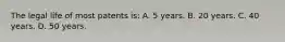 The legal life of most patents is: A. 5 years. B. 20 years. C. 40 years. D. 50 years.