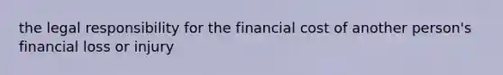 the legal responsibility for the financial cost of another person's financial loss or injury